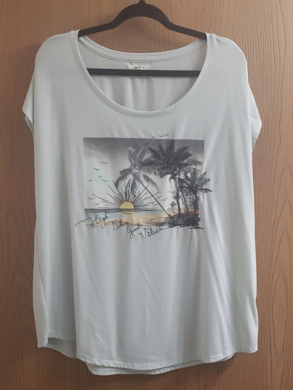 Maurices Light Mint Scoop Neck Graphic Tee with Palm Sunset